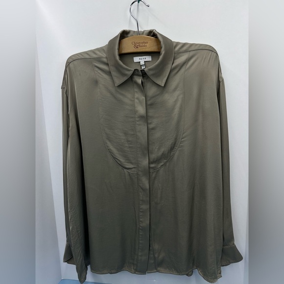 Reiss Rocco satin button up shirt blouse Size 10 neutral khaki tan - Picture 3 of 8